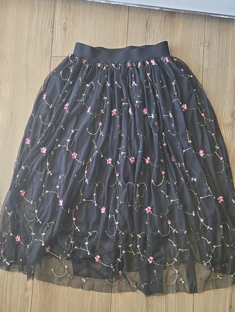Miami Black Midi Skirt with Pink Floral Embroidery